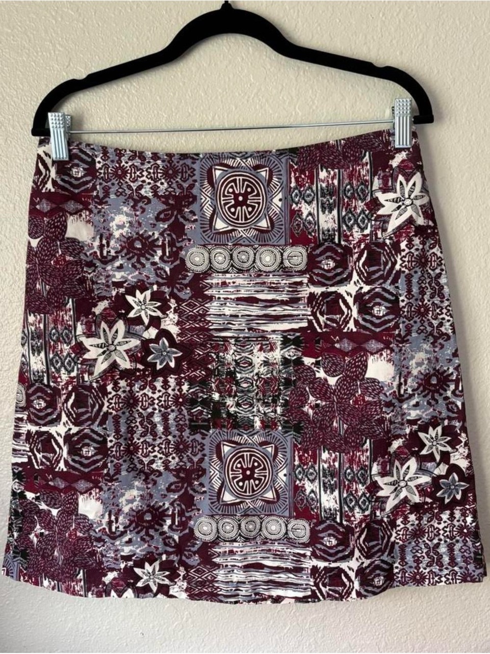 Patchwork Print A-Line Skirt in Burgundy and Gray